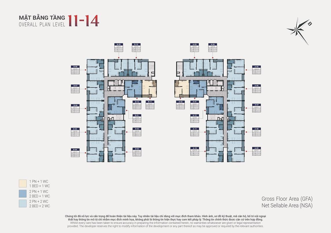 Mặt bằng tầng 11-14 - Happy One Sora