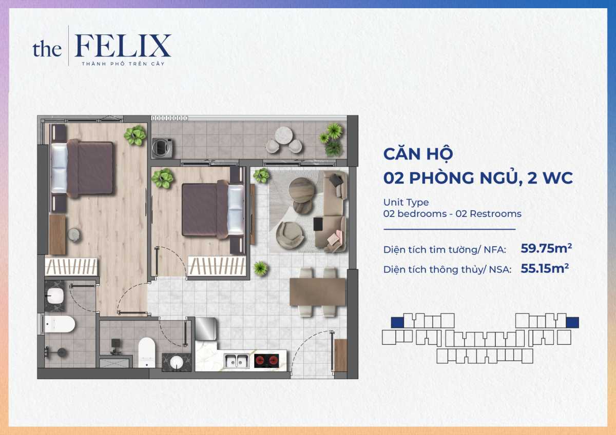 Thiết kế căn hộ The Felix 2PN2WC - 59.75 m2