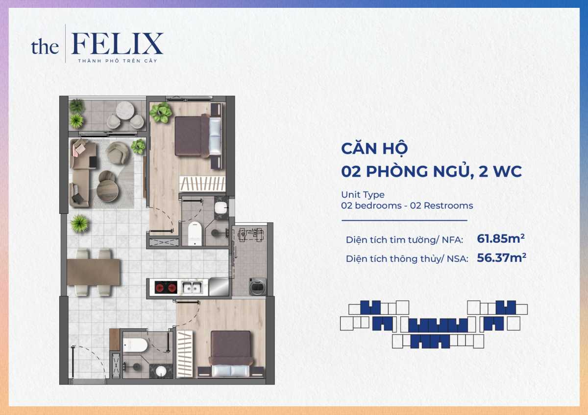 Thiết kế căn hộ The Felix 2PN2WC - 61.85 m2