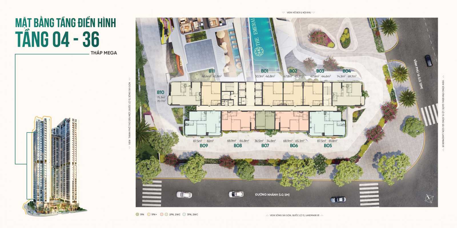 Mặt bằng tổng thể tầng 4-36 tháp mega căn hộ The Emerald 68