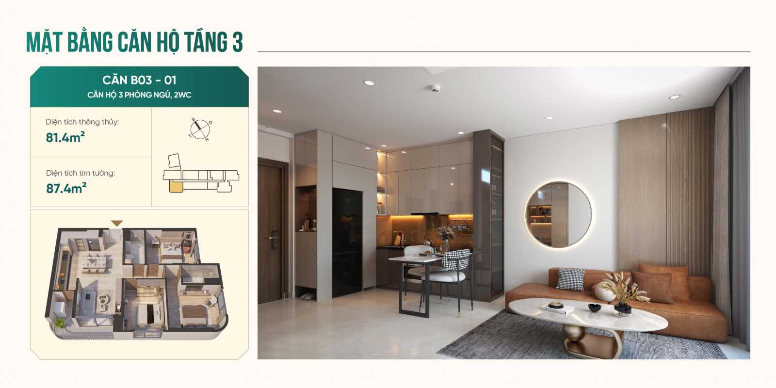 Thiết kế căn hộ Emerald 68 - Tháp Mega B03-01