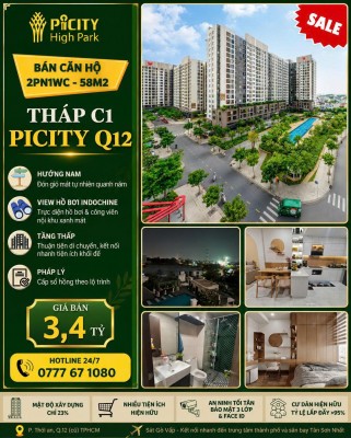 BÁN CĂN 2PN1WC 58M2 - HƯỚNG NAM - THÁP C1 PICITY Q12 - FULL NỘI THẤT- 3.4 TỶ